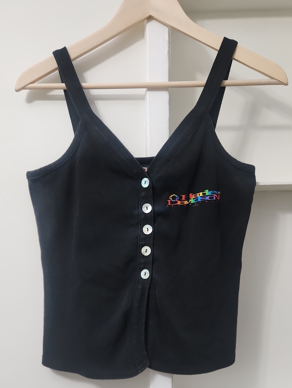 Vtg 1998 Harley-Davidson Button Up Tank Top Rainbow Logo Mother Of Pearl L EUC